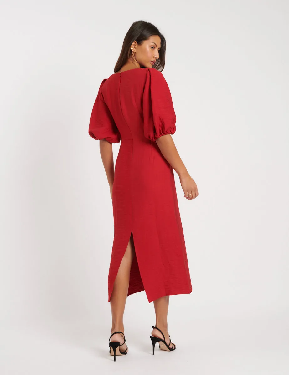 NOBODY'S CHILD Puff Sleeve Midi Dress - Red Sz14
