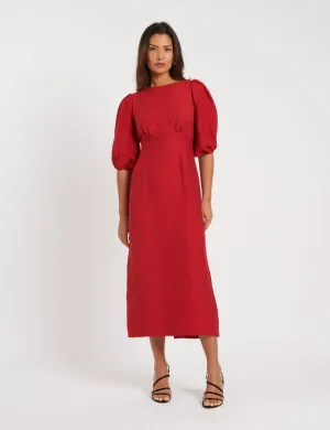 NOBODY'S CHILD Puff Sleeve Midi Dress - Red Sz14