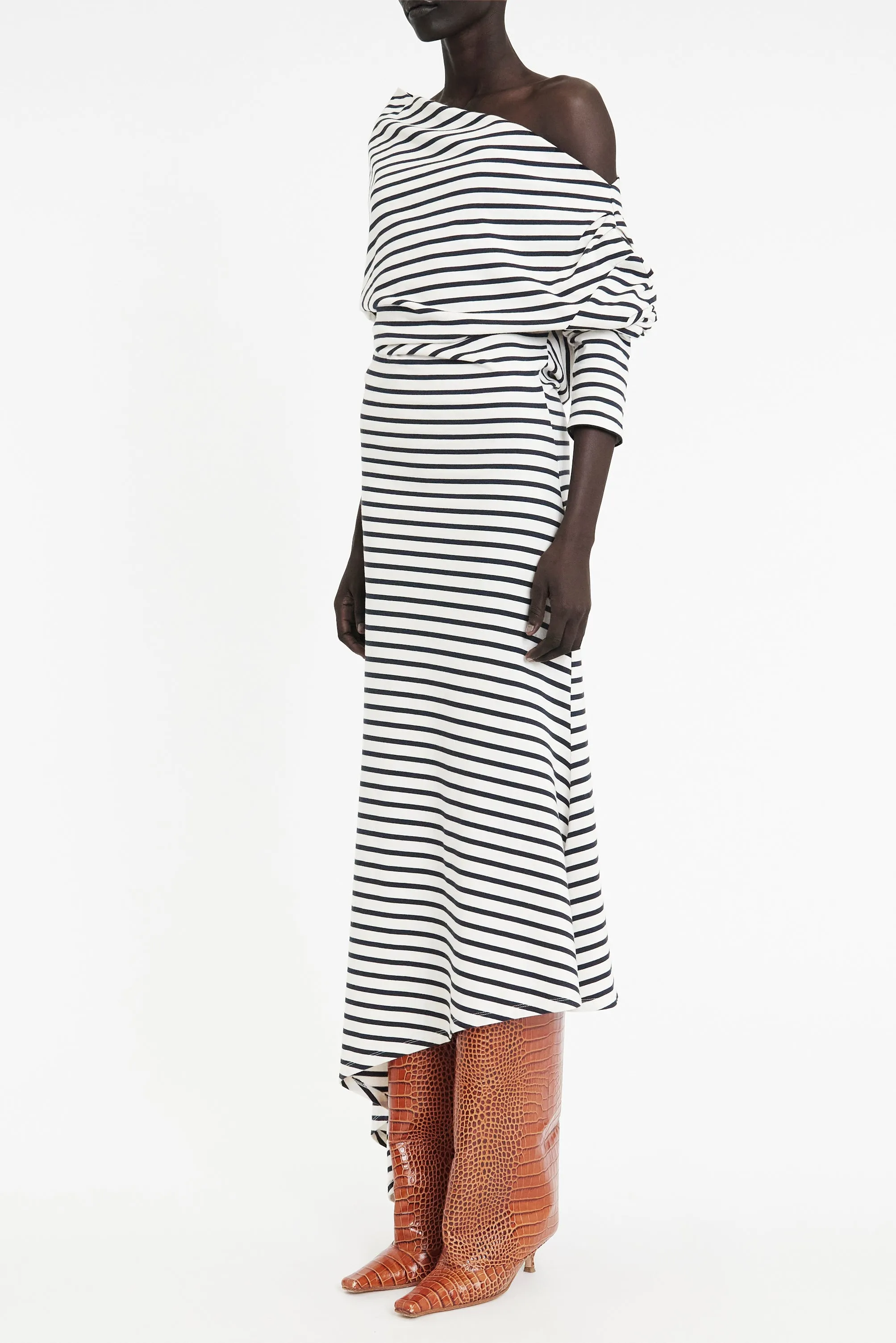 Off Shoulder Asymmetric Dress White Navy Stripe
