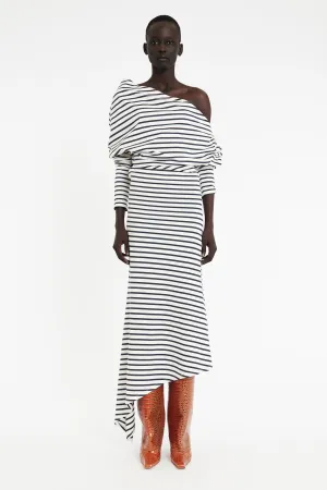 Off Shoulder Asymmetric Dress White Navy Stripe