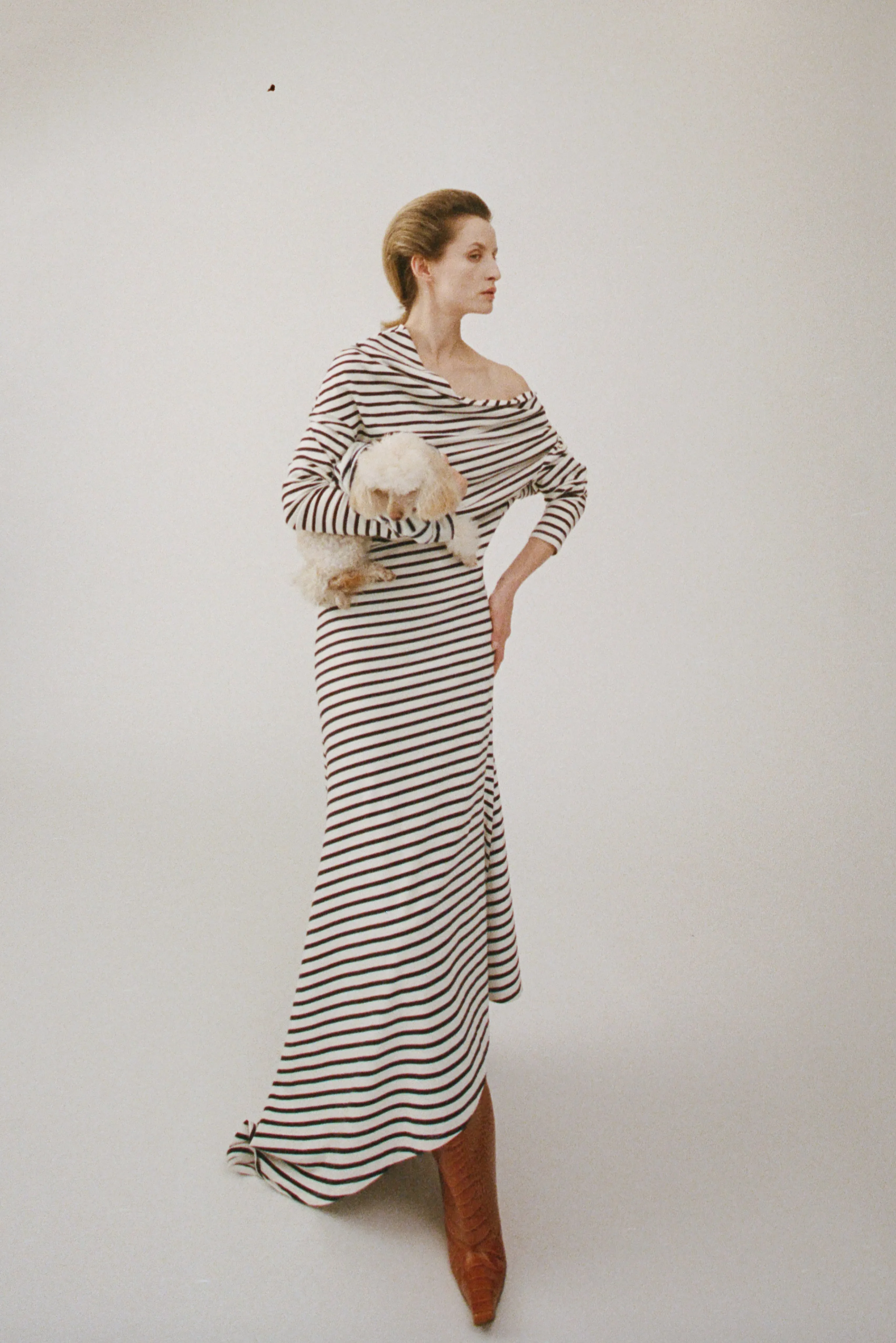 Off Shoulder Asymmetric Dress White Navy Stripe