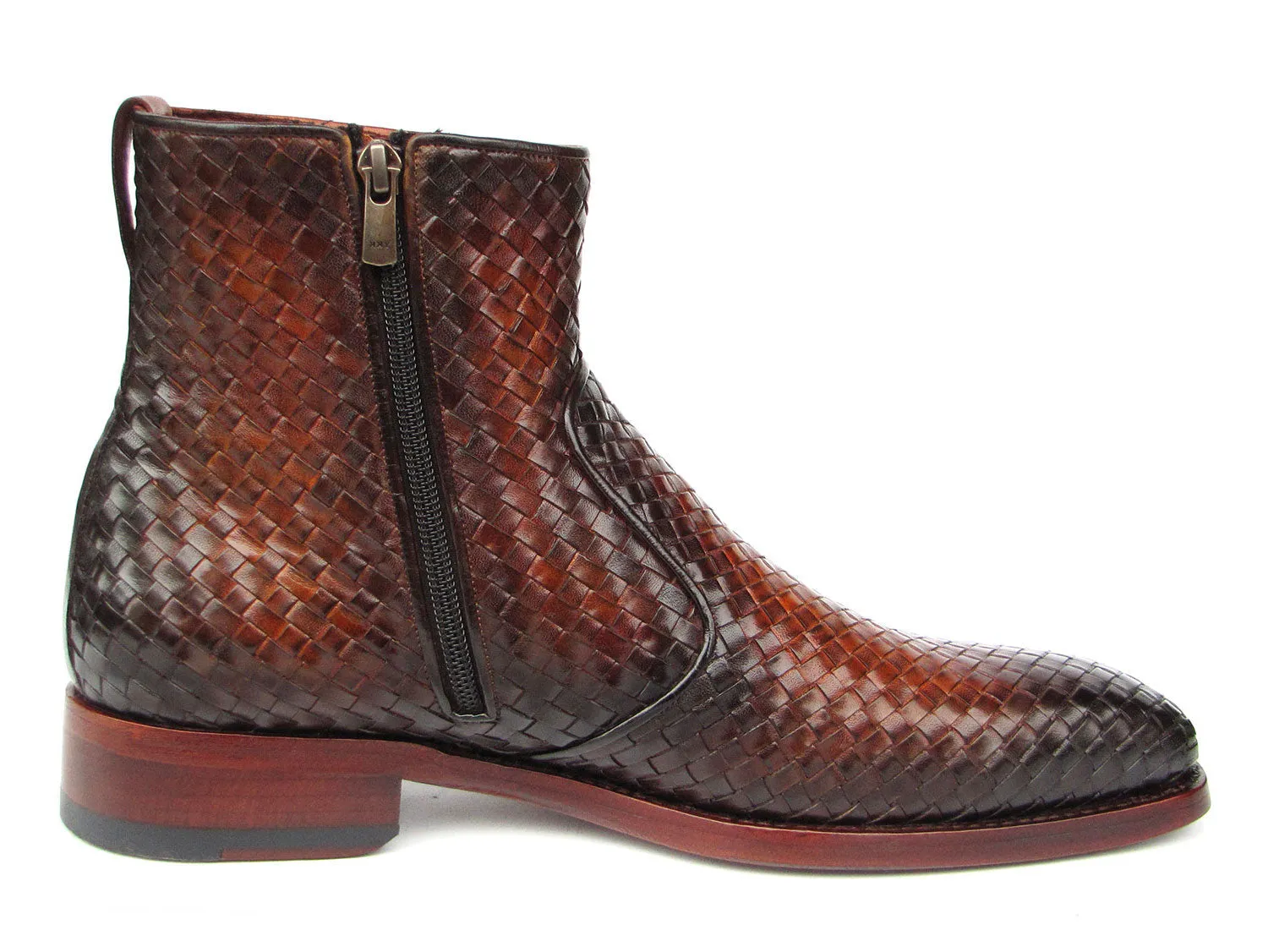 Paul Parkman Brown Burnished Woven Leather Zipper Boots