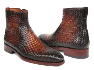 Paul Parkman Brown Burnished Woven Leather Zipper Boots