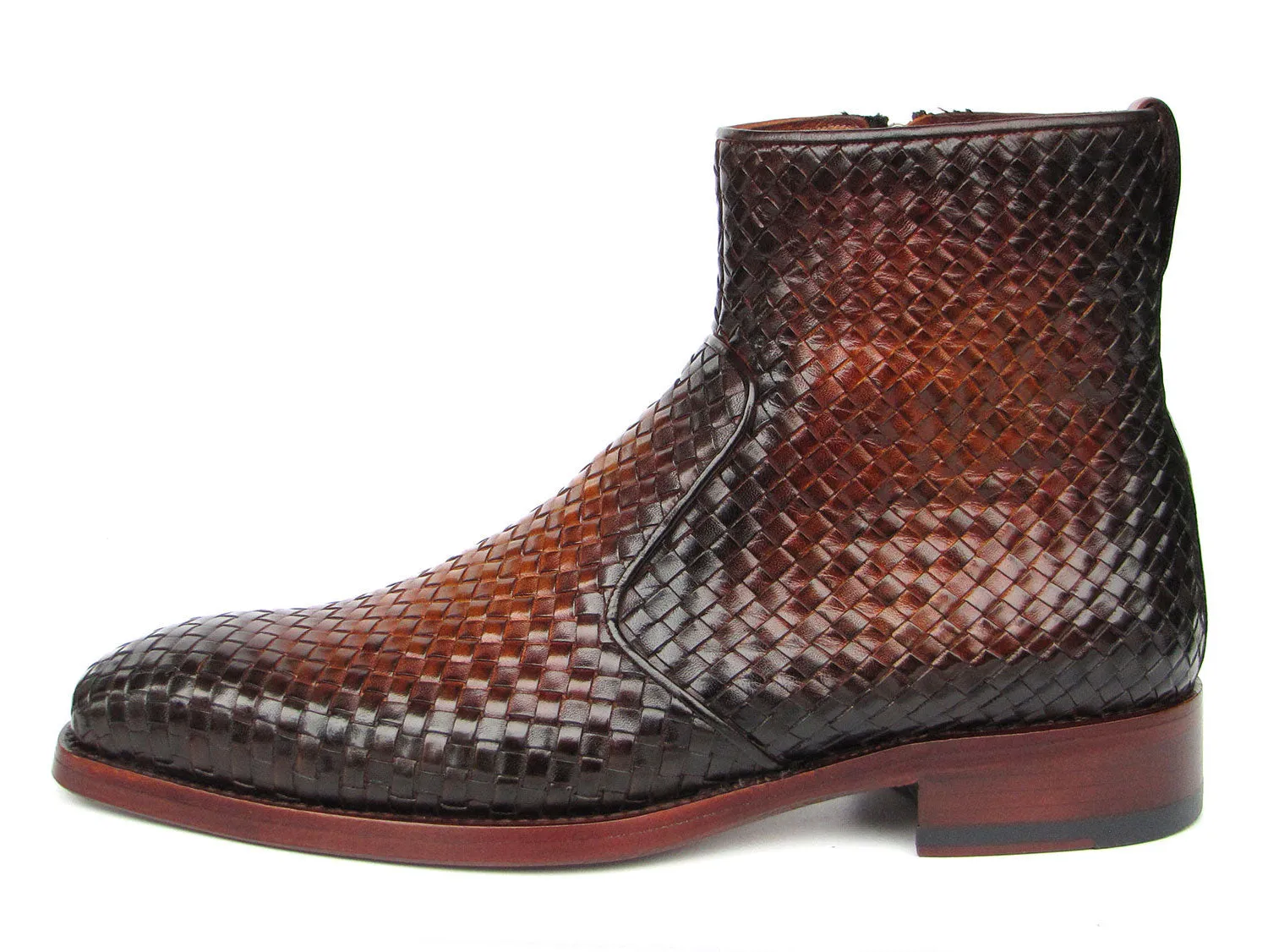 Paul Parkman Brown Burnished Woven Leather Zipper Boots