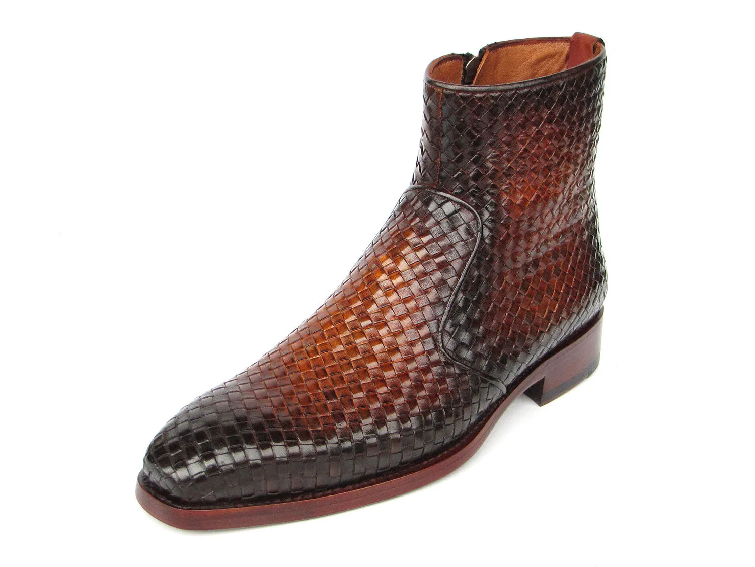 Paul Parkman Brown Burnished Woven Leather Zipper Boots