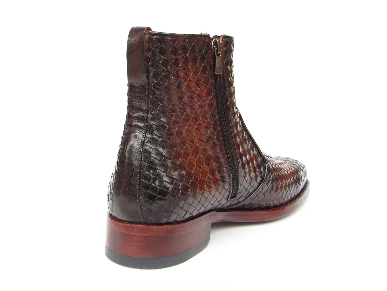 Paul Parkman Brown Burnished Woven Leather Zipper Boots