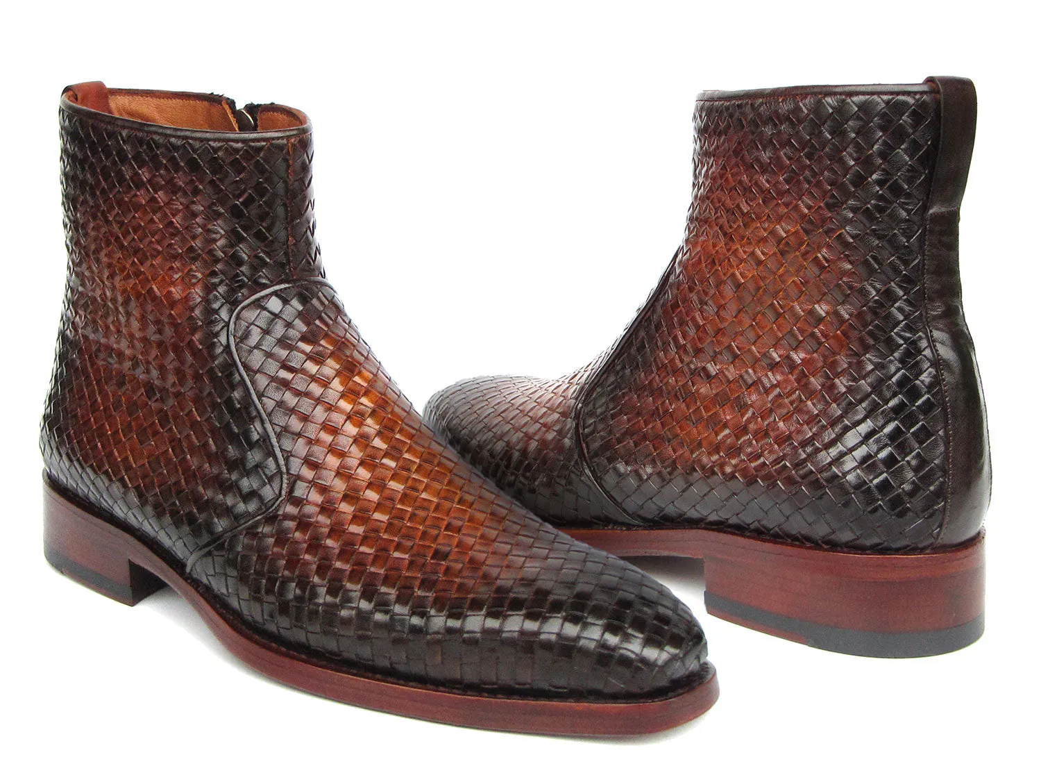 Paul Parkman Brown Burnished Woven Leather Zipper Boots