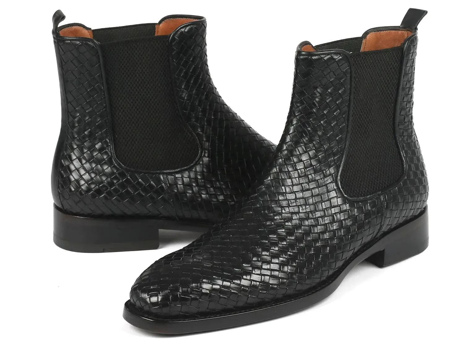 Paul Parkman Men's Woven Leather Chelsea Boots in Black