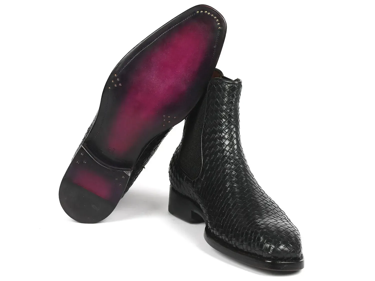 Paul Parkman Men's Woven Leather Chelsea Boots in Black
