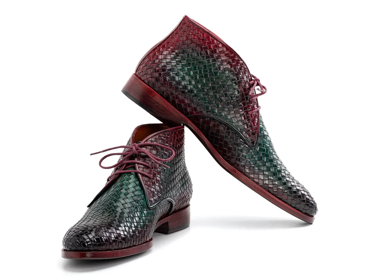 Paul Parkman Men's Woven Leather Chukka Boots in Green & Purple