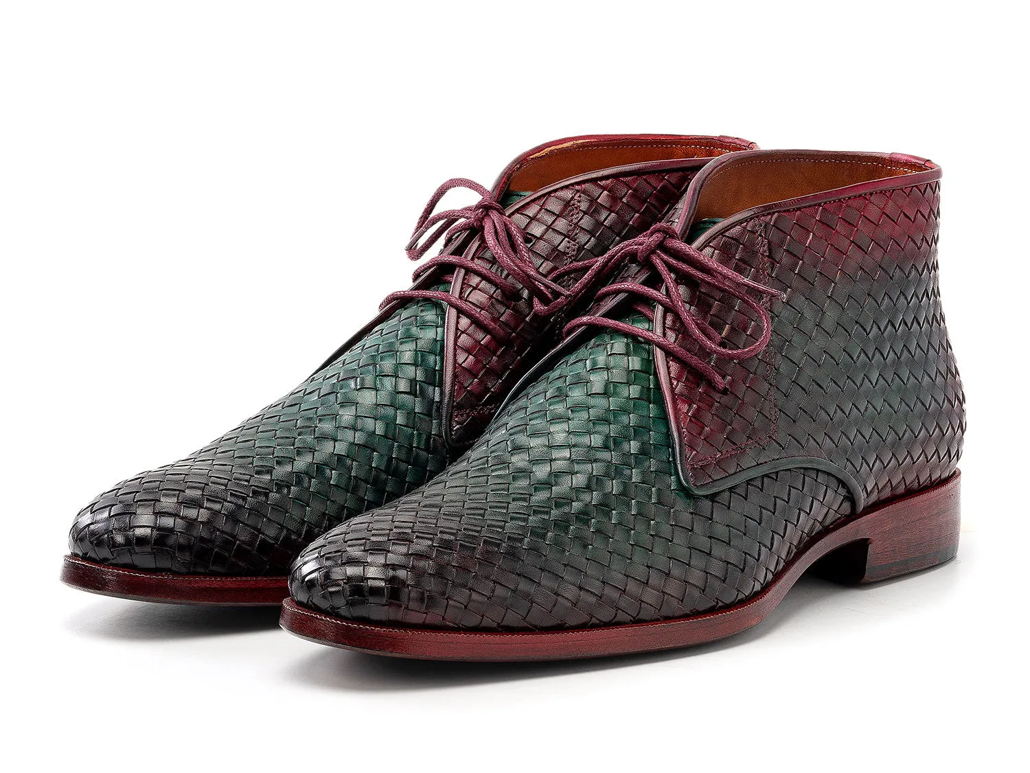 Paul Parkman Men's Woven Leather Chukka Boots in Green & Purple