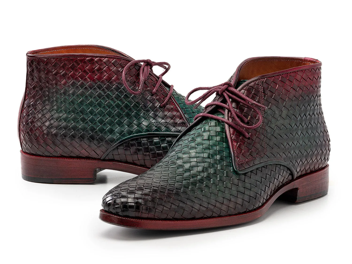 Paul Parkman Men's Woven Leather Chukka Boots in Green & Purple