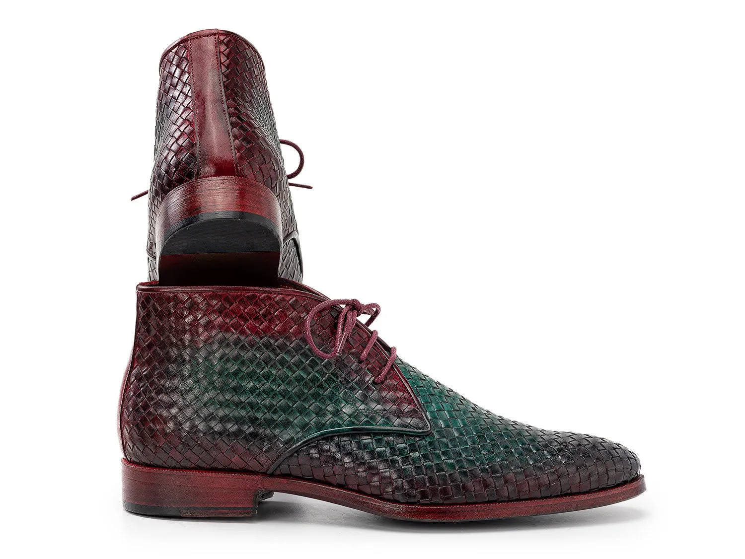 Paul Parkman Men's Woven Leather Chukka Boots in Green & Purple
