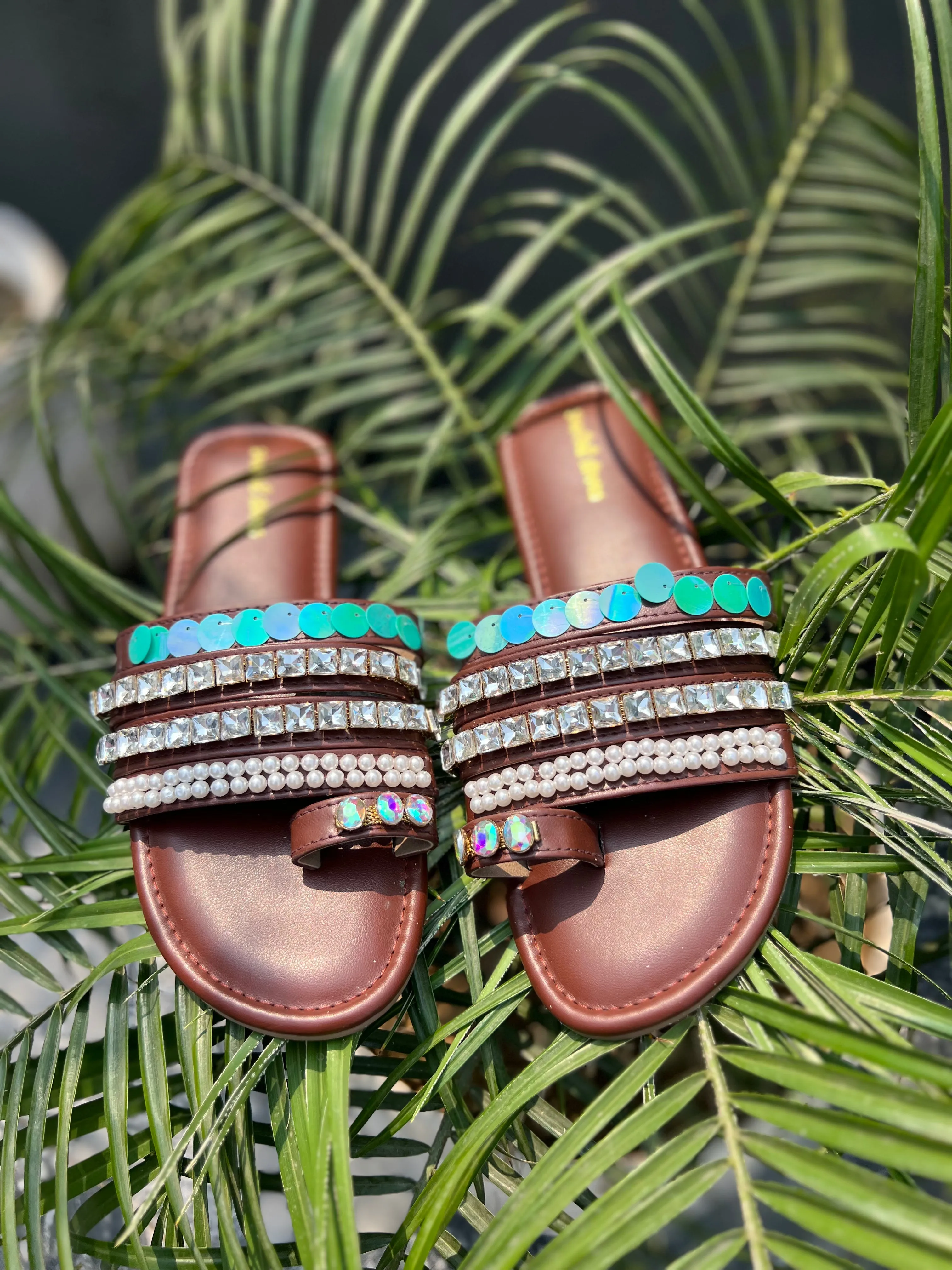 Pearl & Rhinestone Embellished Flats - TAN