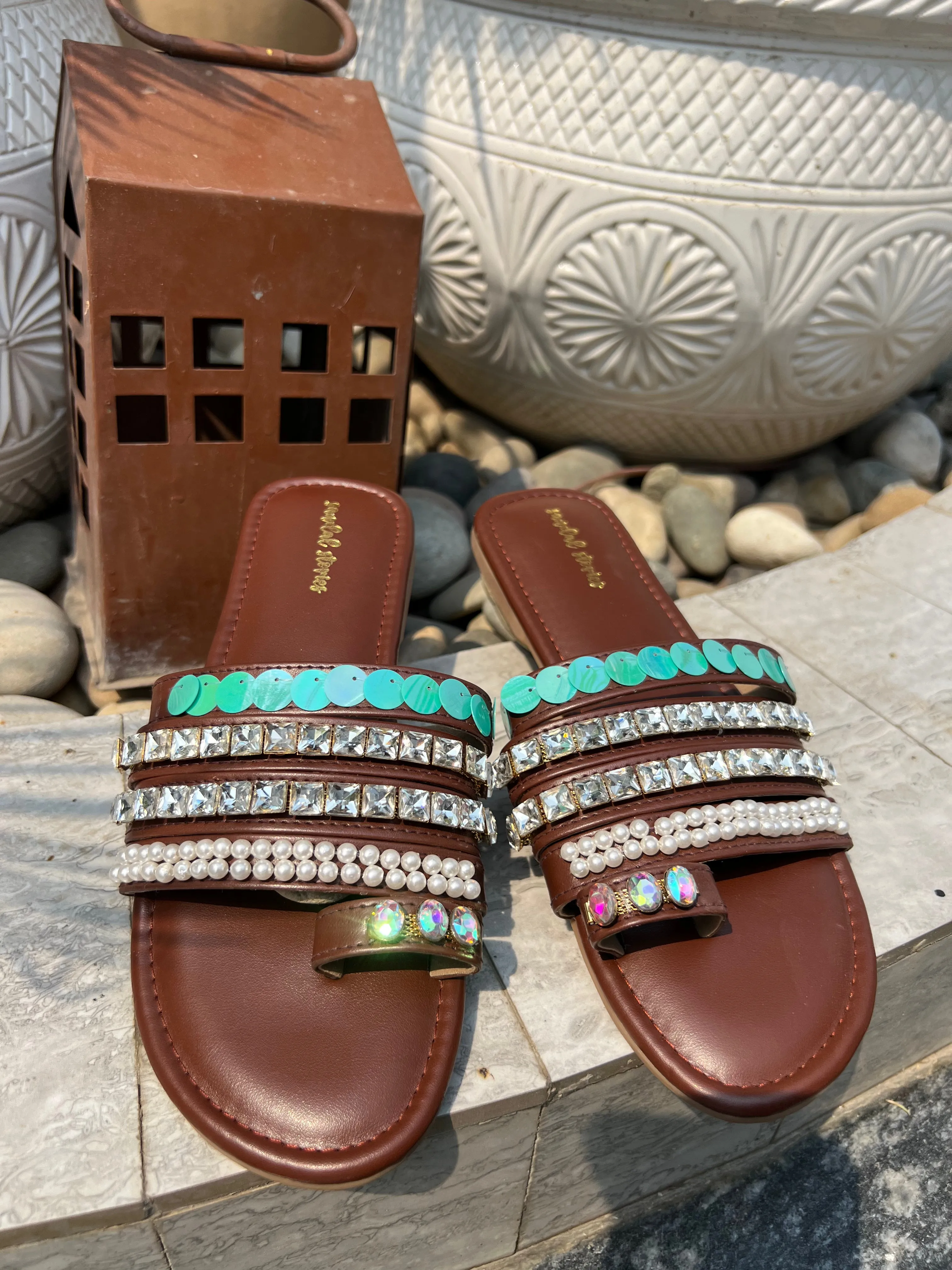 Pearl & Rhinestone Embellished Flats - TAN