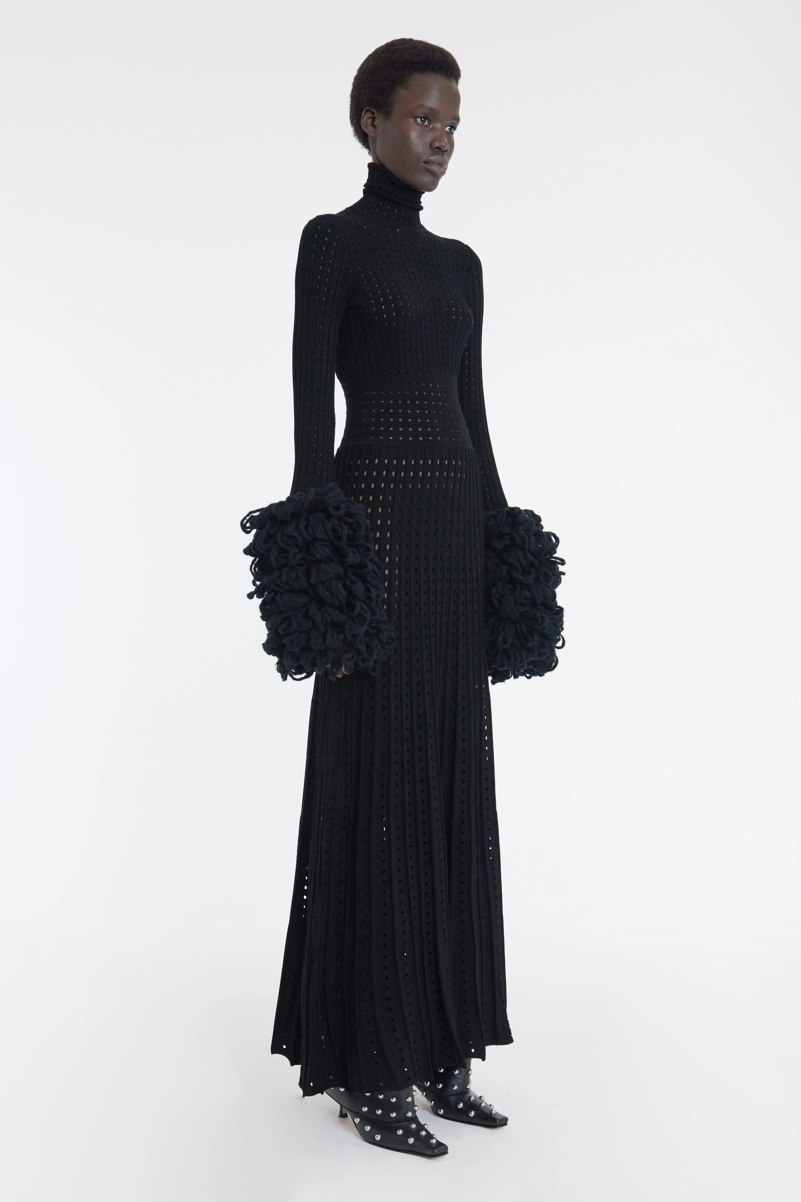 Perforated Knit Maxi Dress With Threaded Cuffs Black