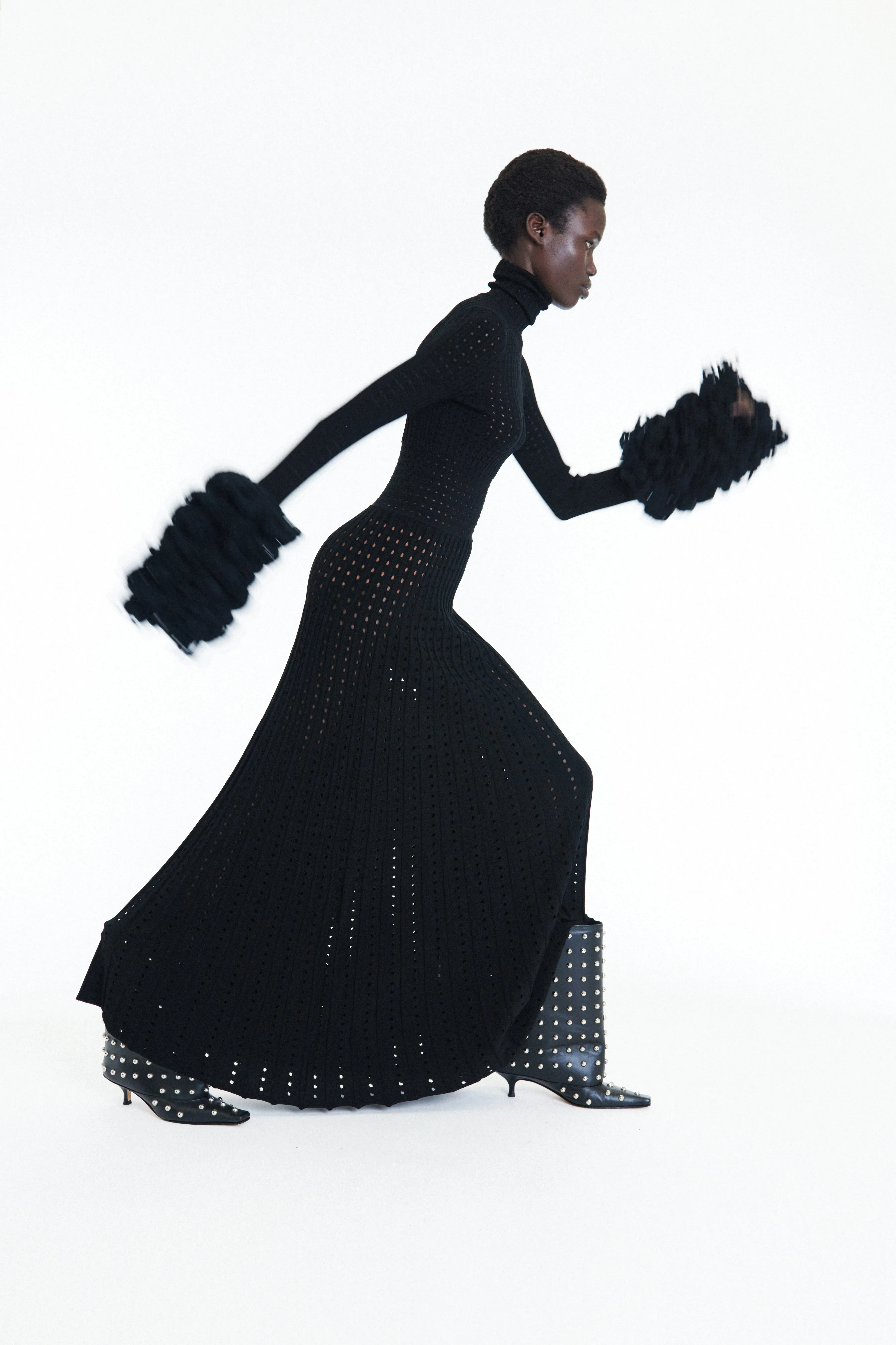 Perforated Knit Maxi Dress With Threaded Cuffs Black