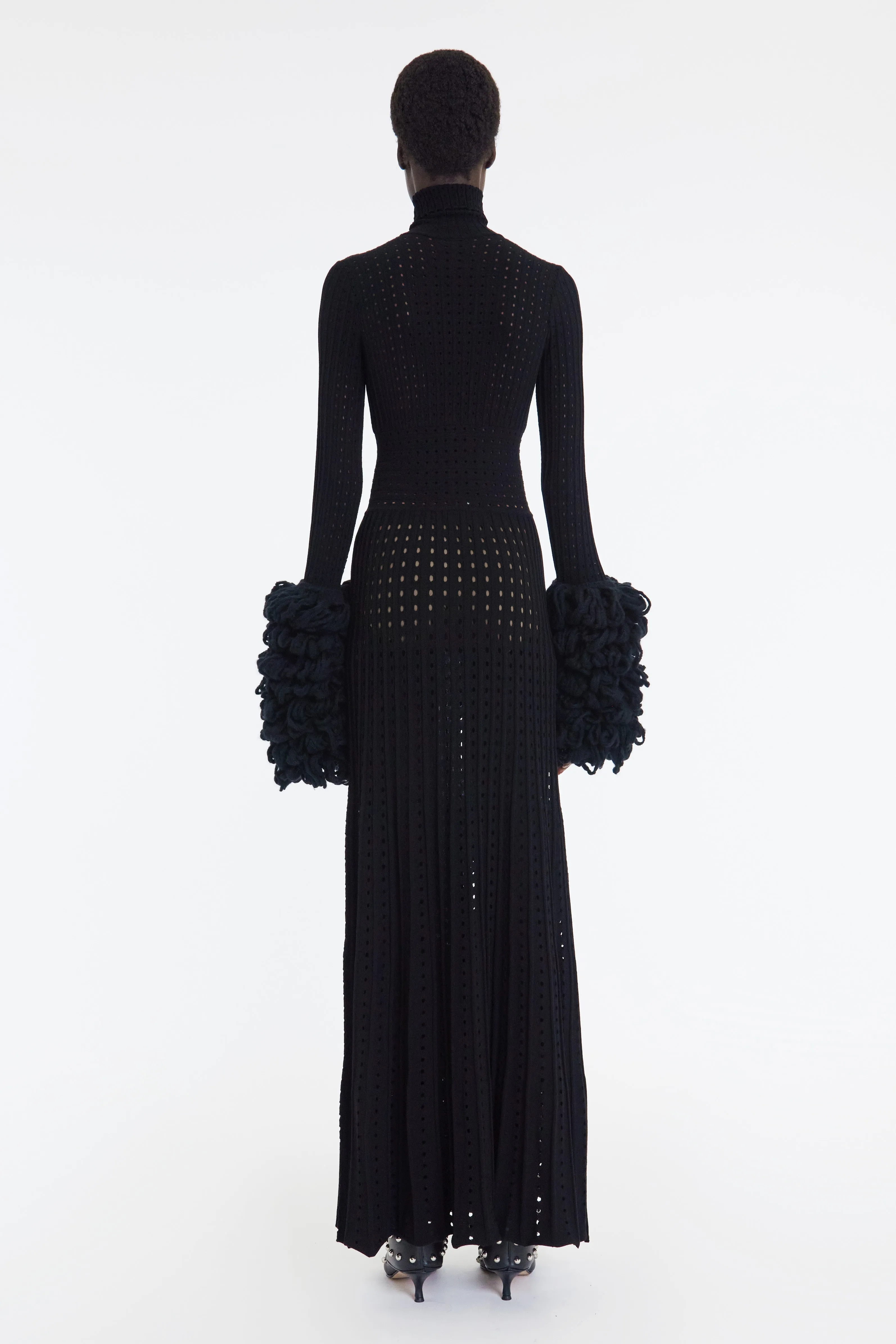 Perforated Knit Maxi Dress With Threaded Cuffs Black