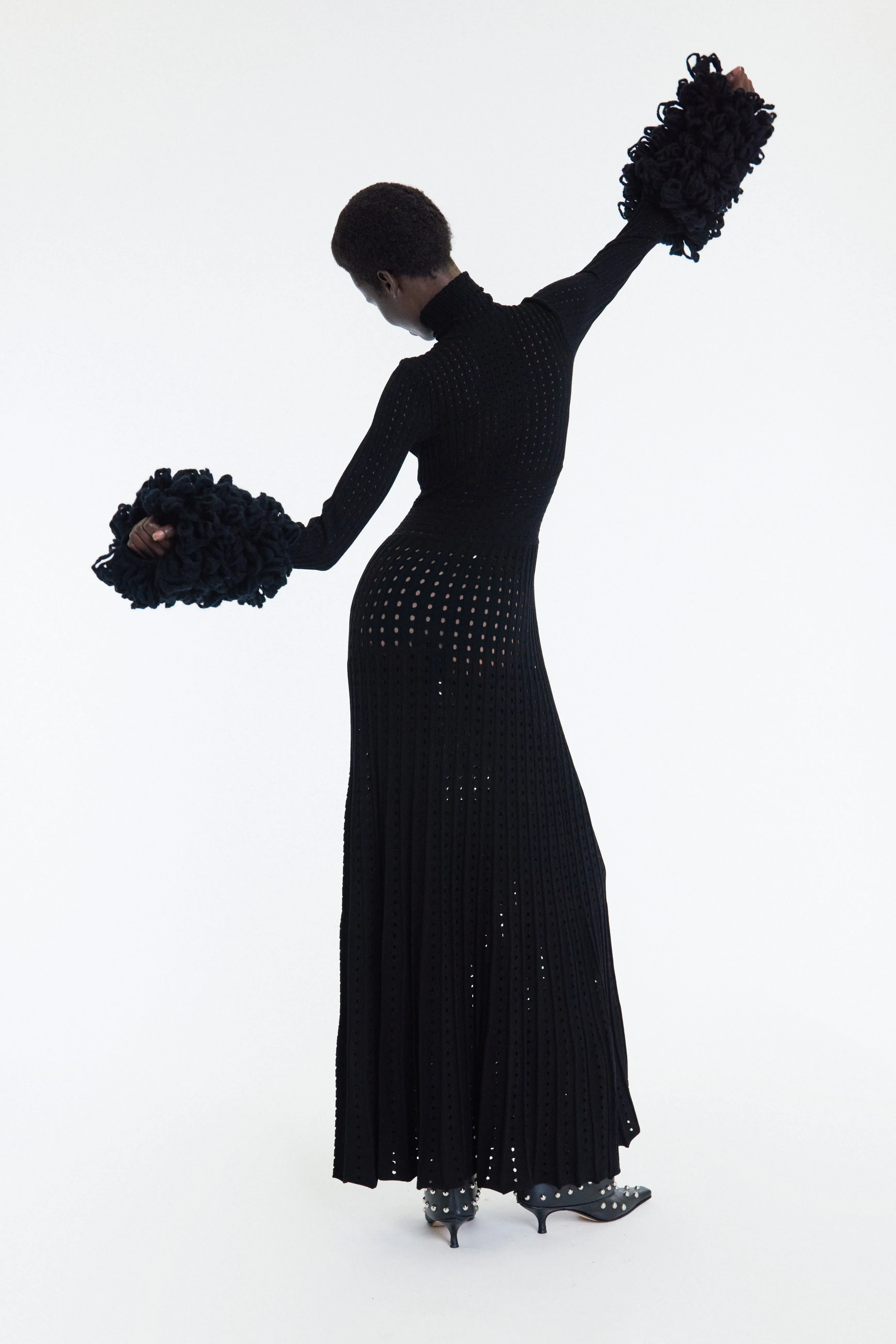 Perforated Knit Maxi Dress With Threaded Cuffs Black