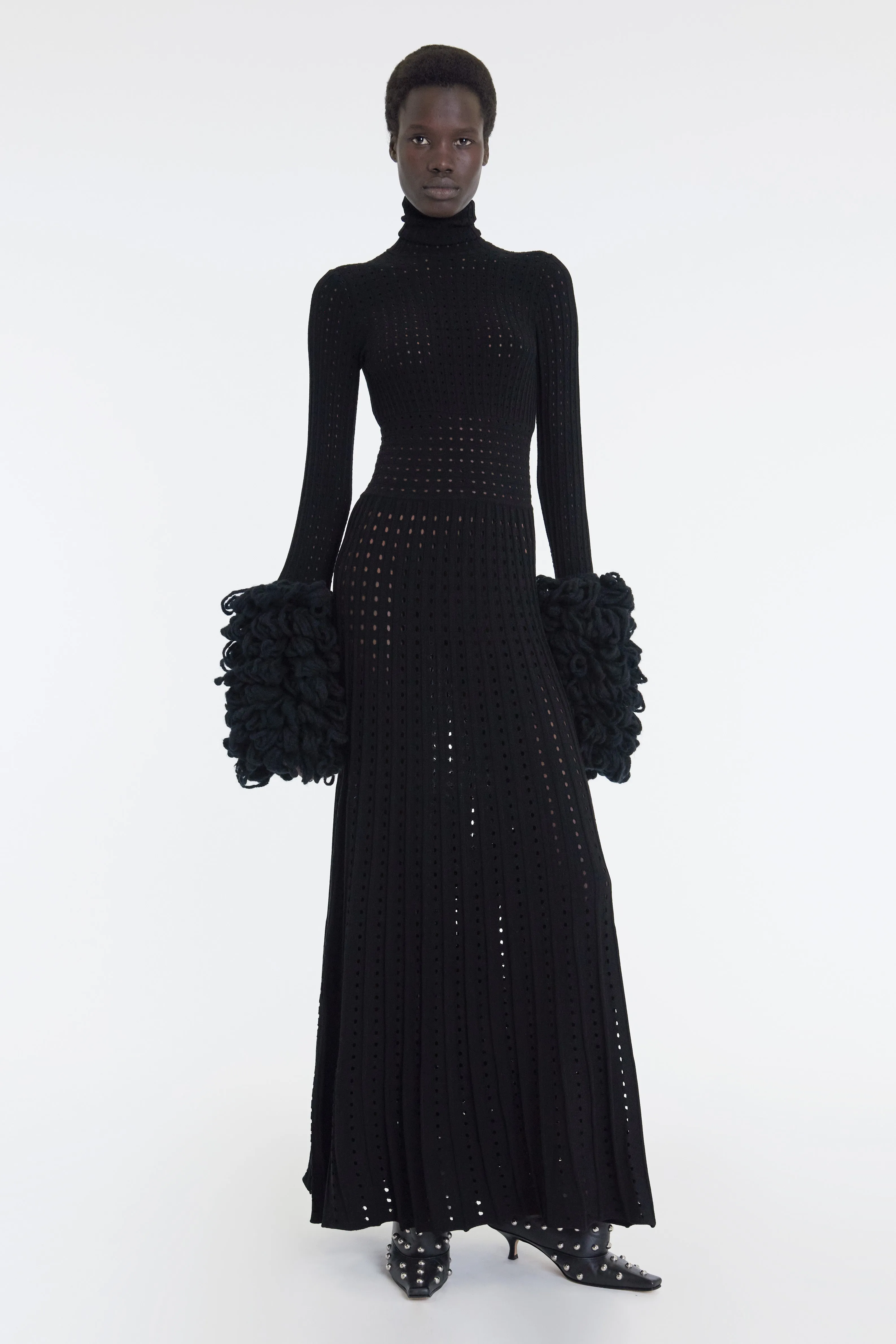 Perforated Knit Maxi Dress With Threaded Cuffs Black