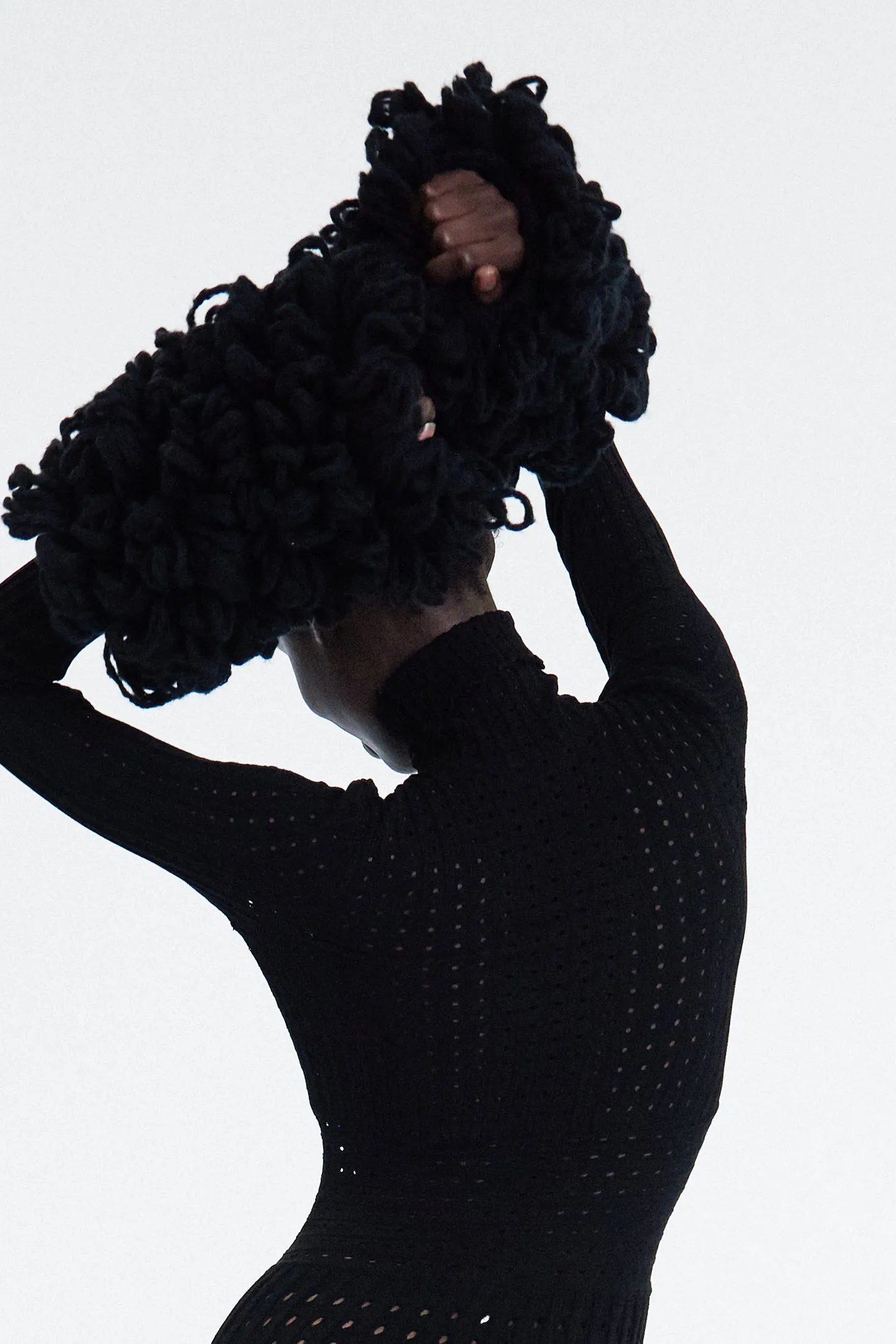 Perforated Knit Maxi Dress With Threaded Cuffs Black