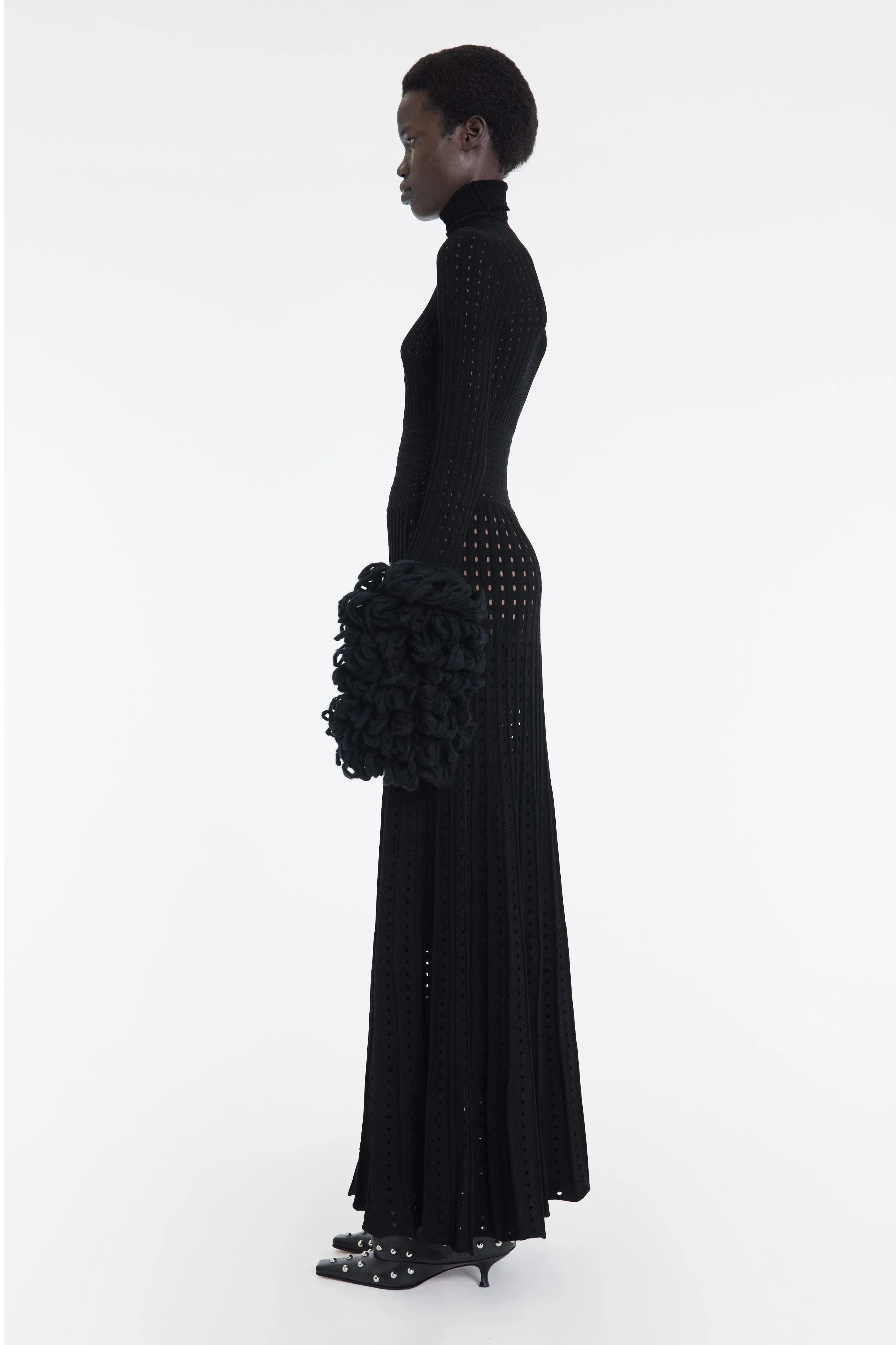 Perforated Knit Maxi Dress With Threaded Cuffs Black