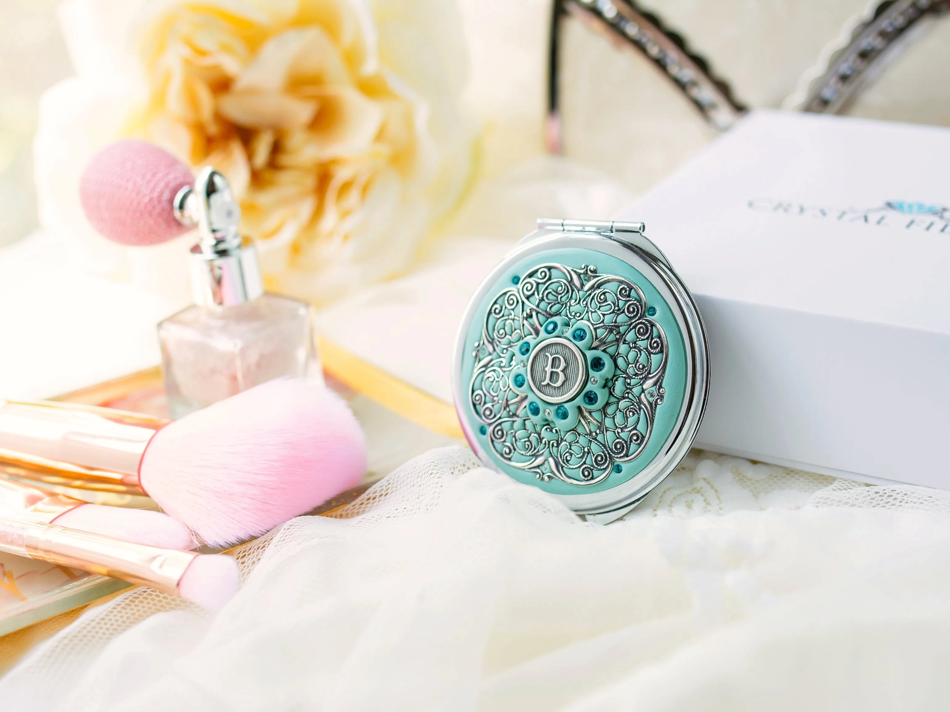Personalized Compact Mirror in Silver with Gift Box and Card