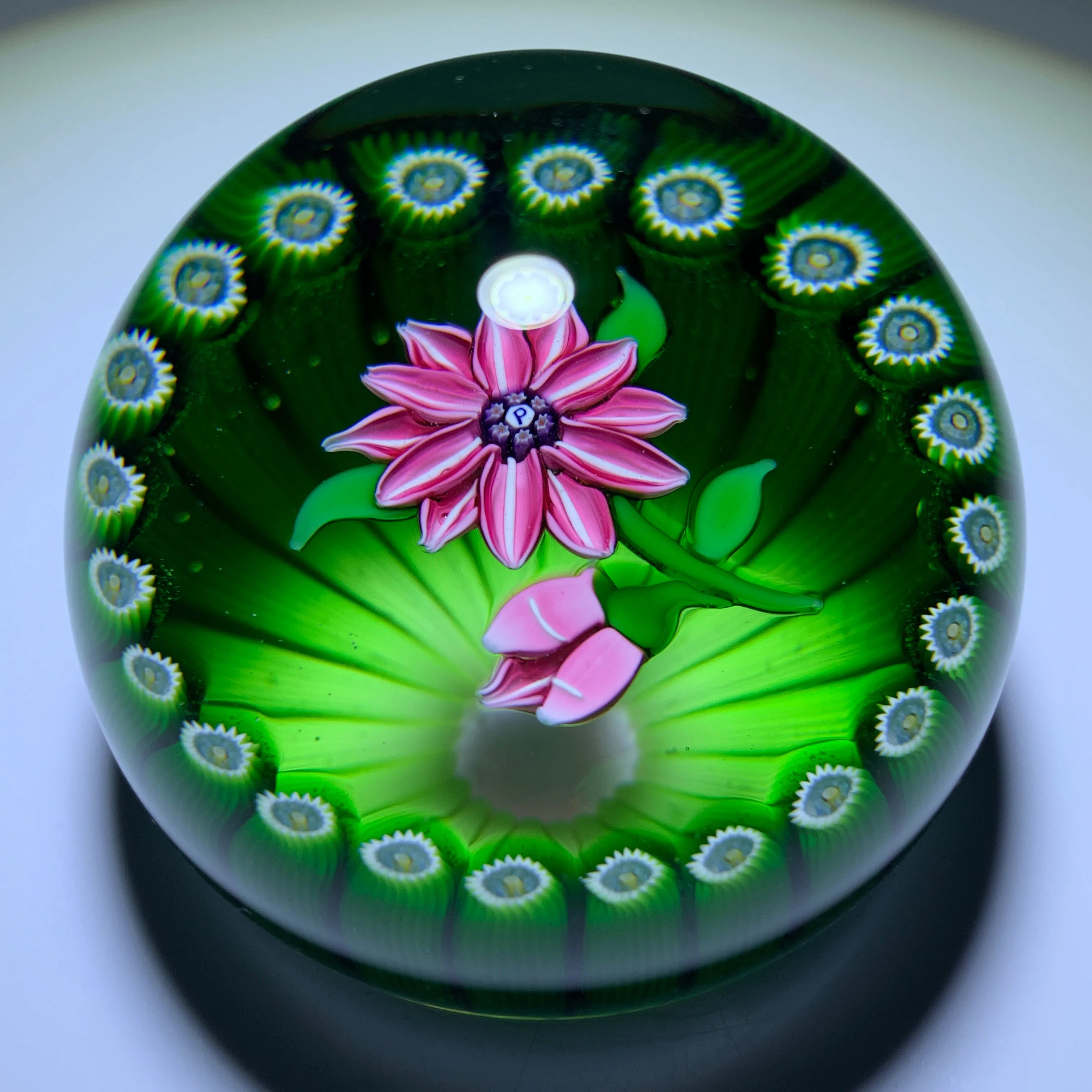 Perthshire Paperweights 1978F Flamework Pink Clematis in Green Stave Basket