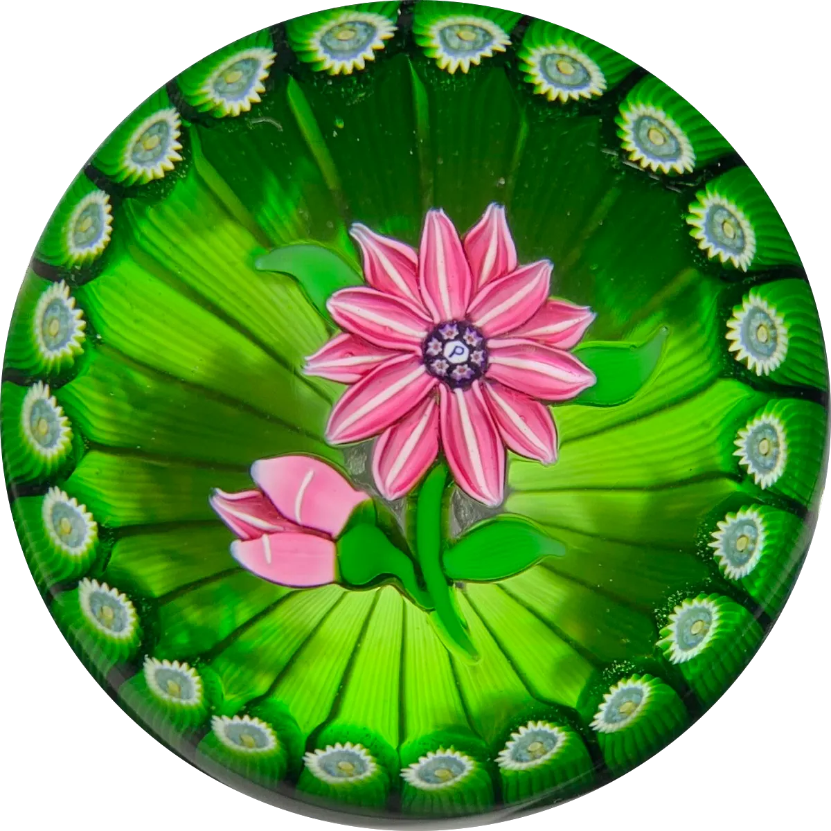 Perthshire Paperweights 1978F Flamework Pink Clematis in Green Stave Basket