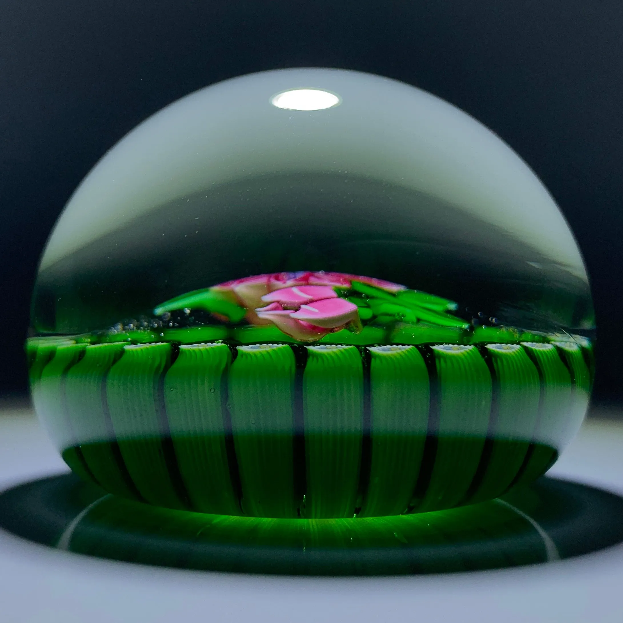 Perthshire Paperweights 1978F Flamework Pink Clematis in Green Stave Basket