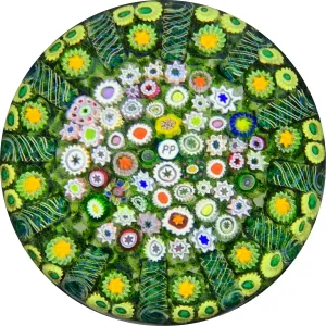 Phoenix Paperweights 2002 Closepack Millefiori on Aventurine Green and Radial Twists
