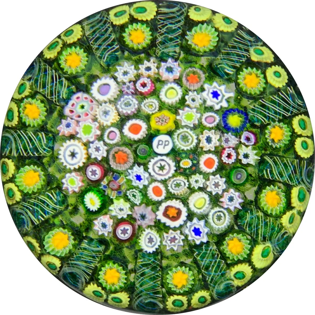 Phoenix Paperweights 2002 Closepack Millefiori on Aventurine Green and Radial Twists