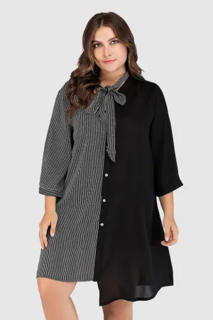Plus Size Gestreepte Kleurblok Strikhals Jurk