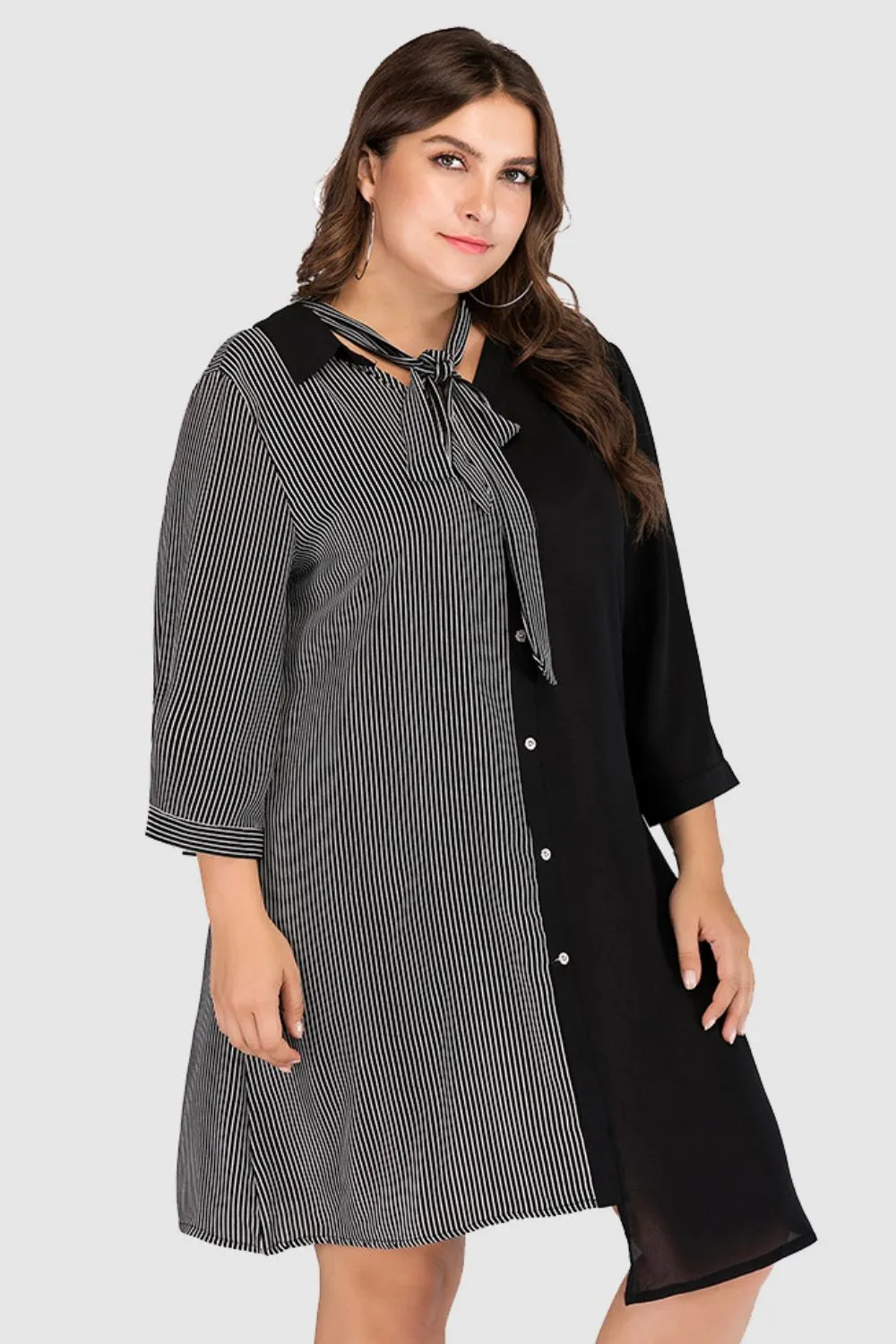 Plus Size Gestreepte Kleurblok Strikhals Jurk