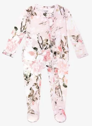 Posh Peanut Vintage Pink Rose Ruffled Zippered Footie