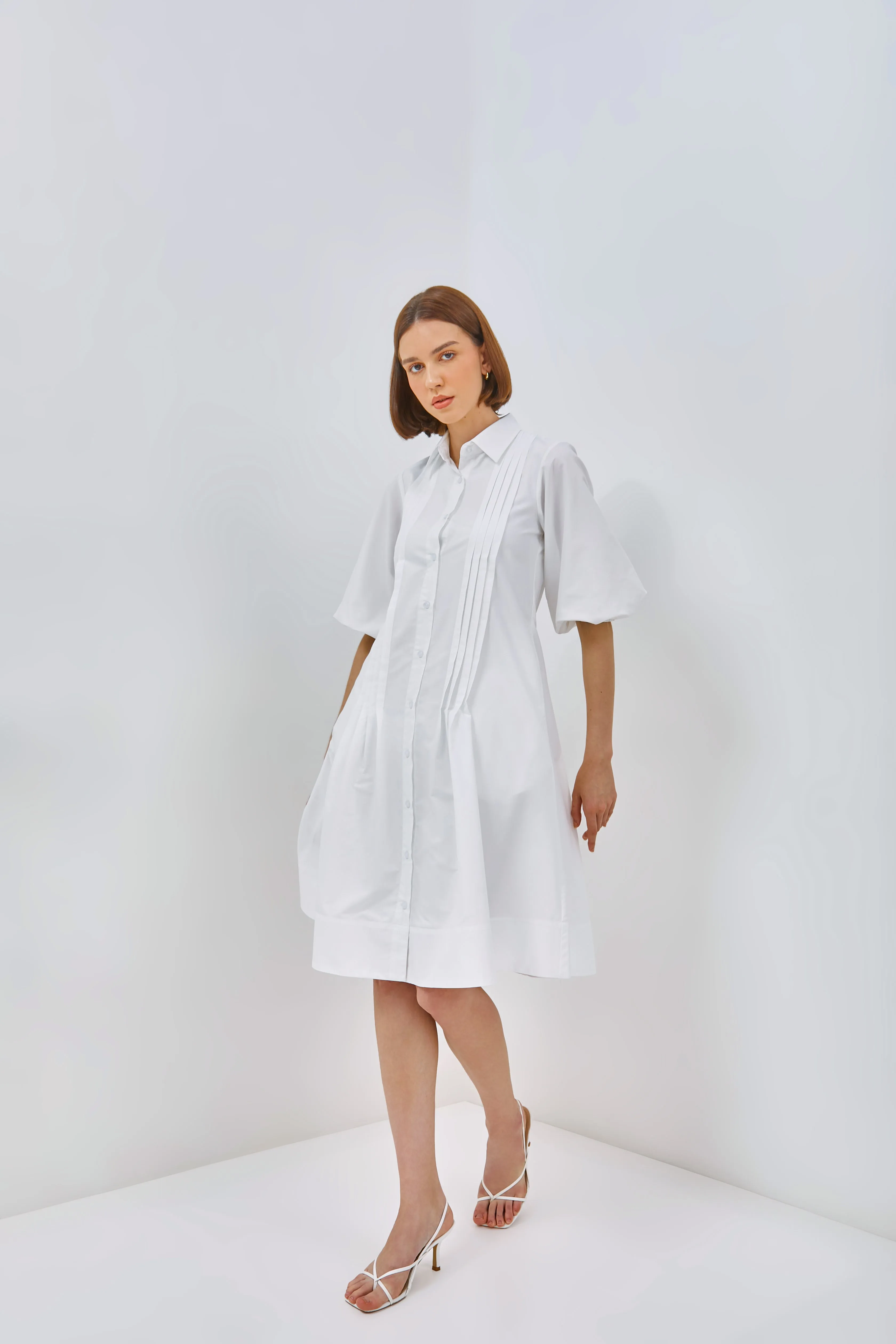 Puff Sleeves Pleat Shirtdress