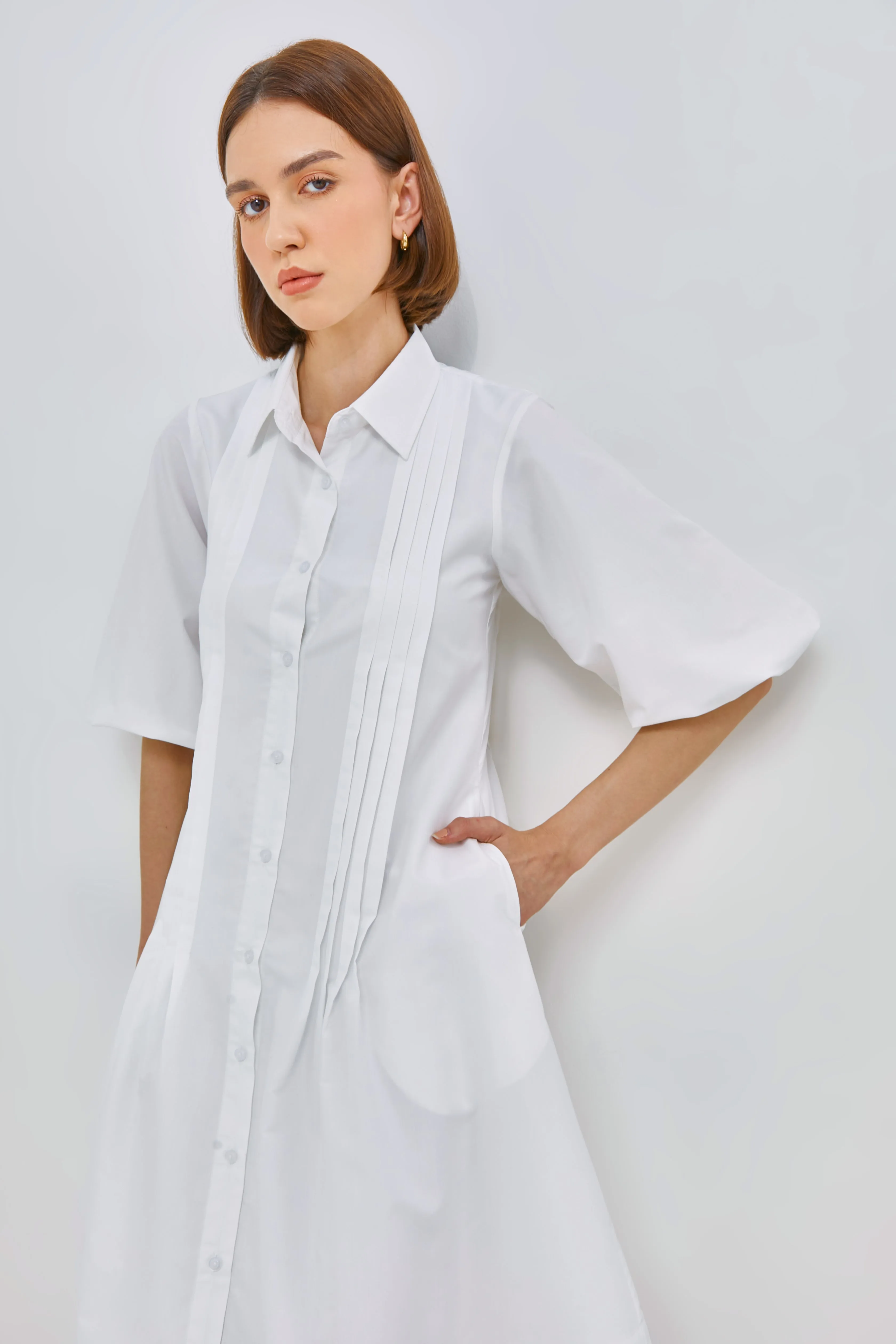Puff Sleeves Pleat Shirtdress