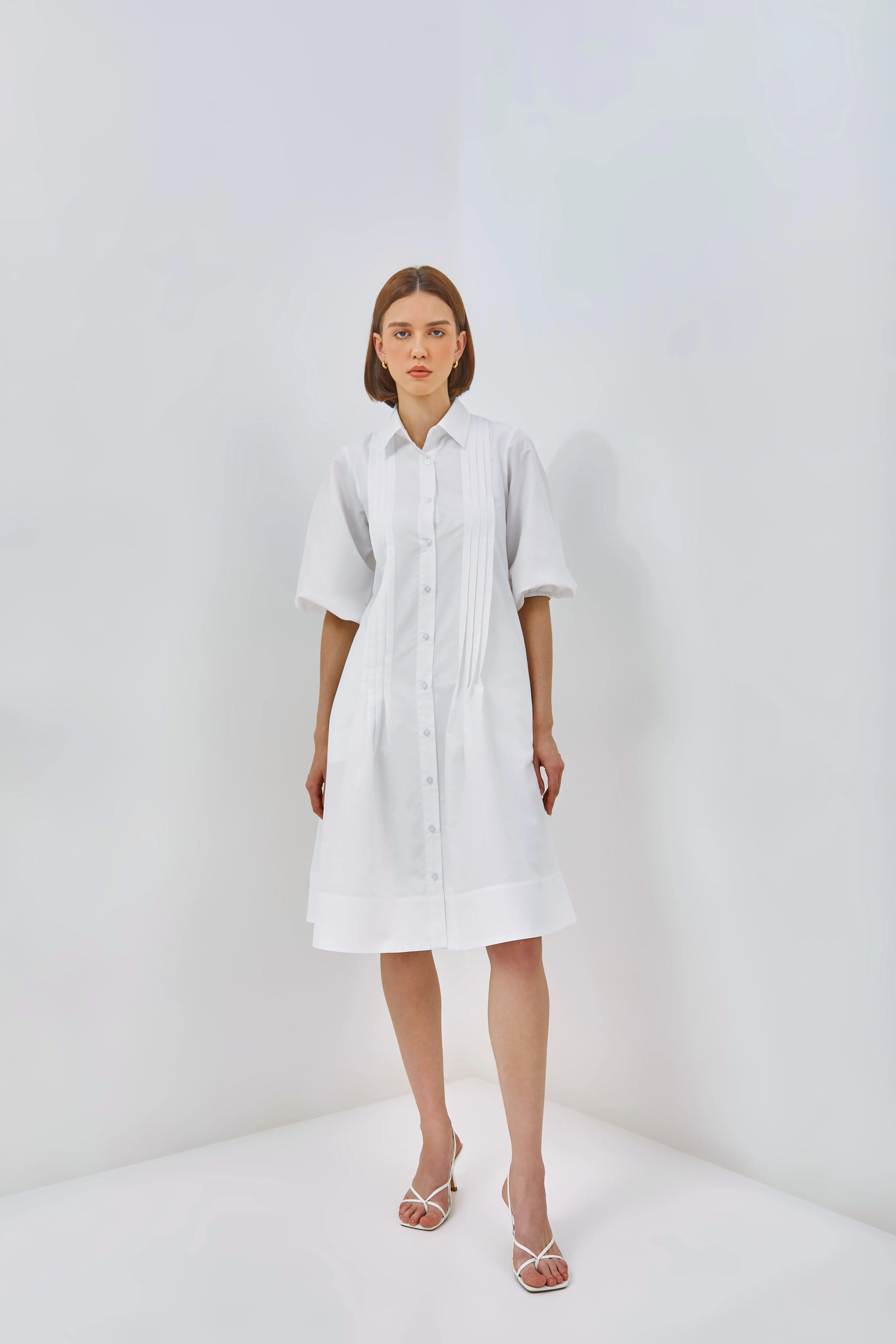 Puff Sleeves Pleat Shirtdress