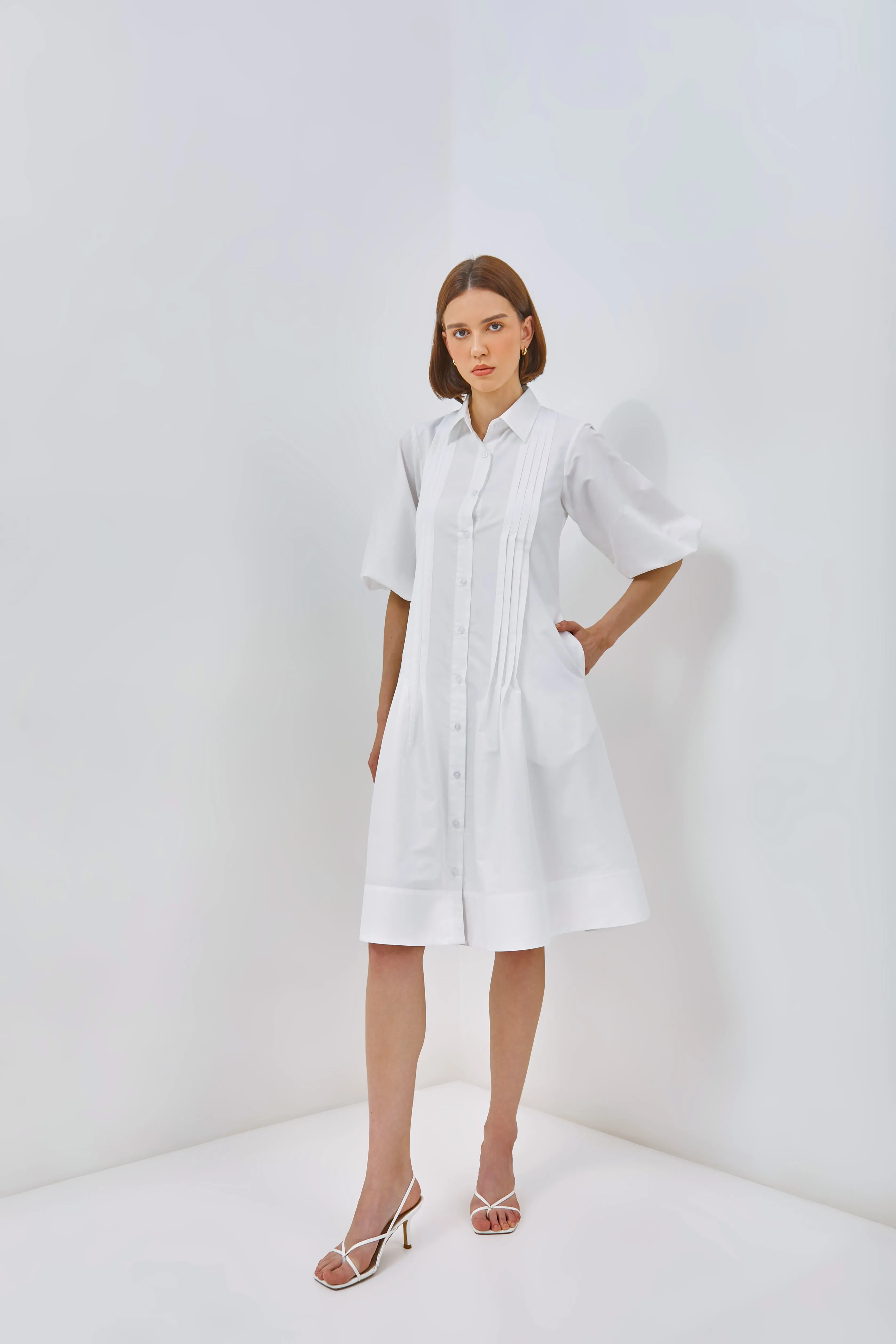Puff Sleeves Pleat Shirtdress