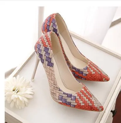 Pumps Woman Shoes national wind retro plaid heels pointed fine with single shoes women Asakuchi career