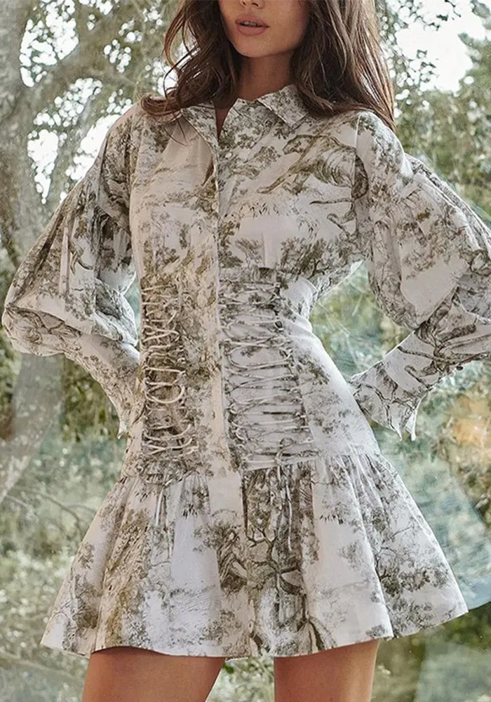 Romantic Lace-Up Waist Lantern Sleeve Printed Shirt Dress