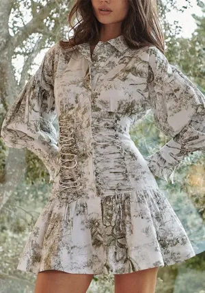 Romantic Lace-Up Waist Lantern Sleeve Printed Shirt Dress