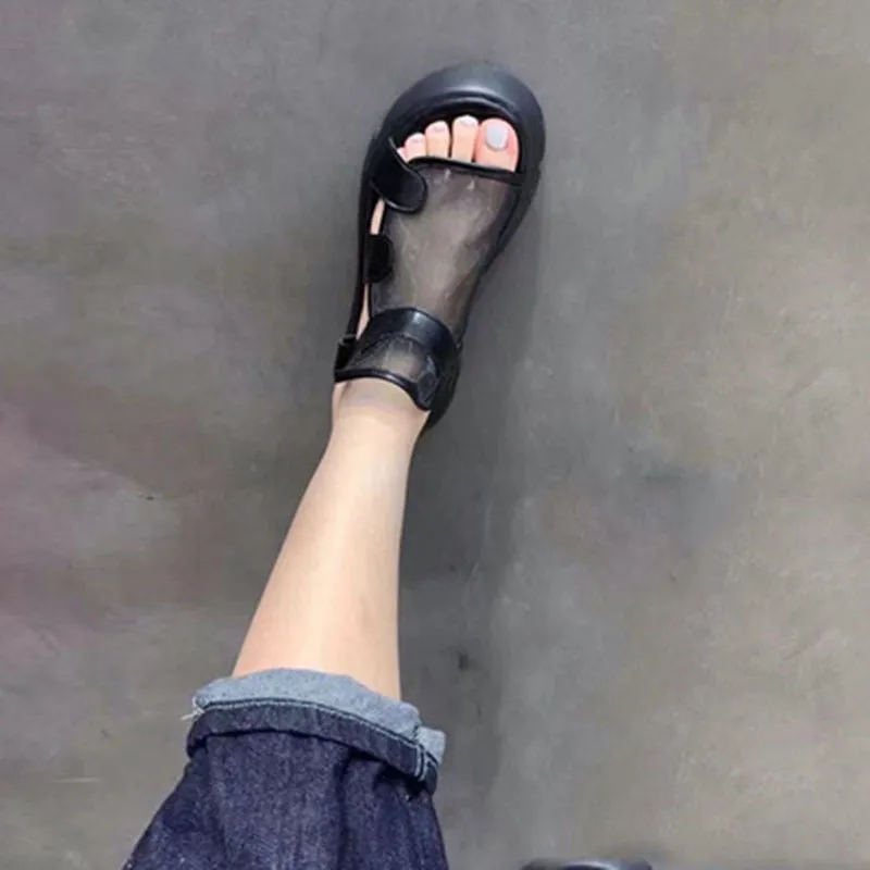 Sandals women 2022 summer new fashion thick-bottomed breathable Eugene yarn mesh magic paste Roman sandals Hook &amp; Loop AD1255