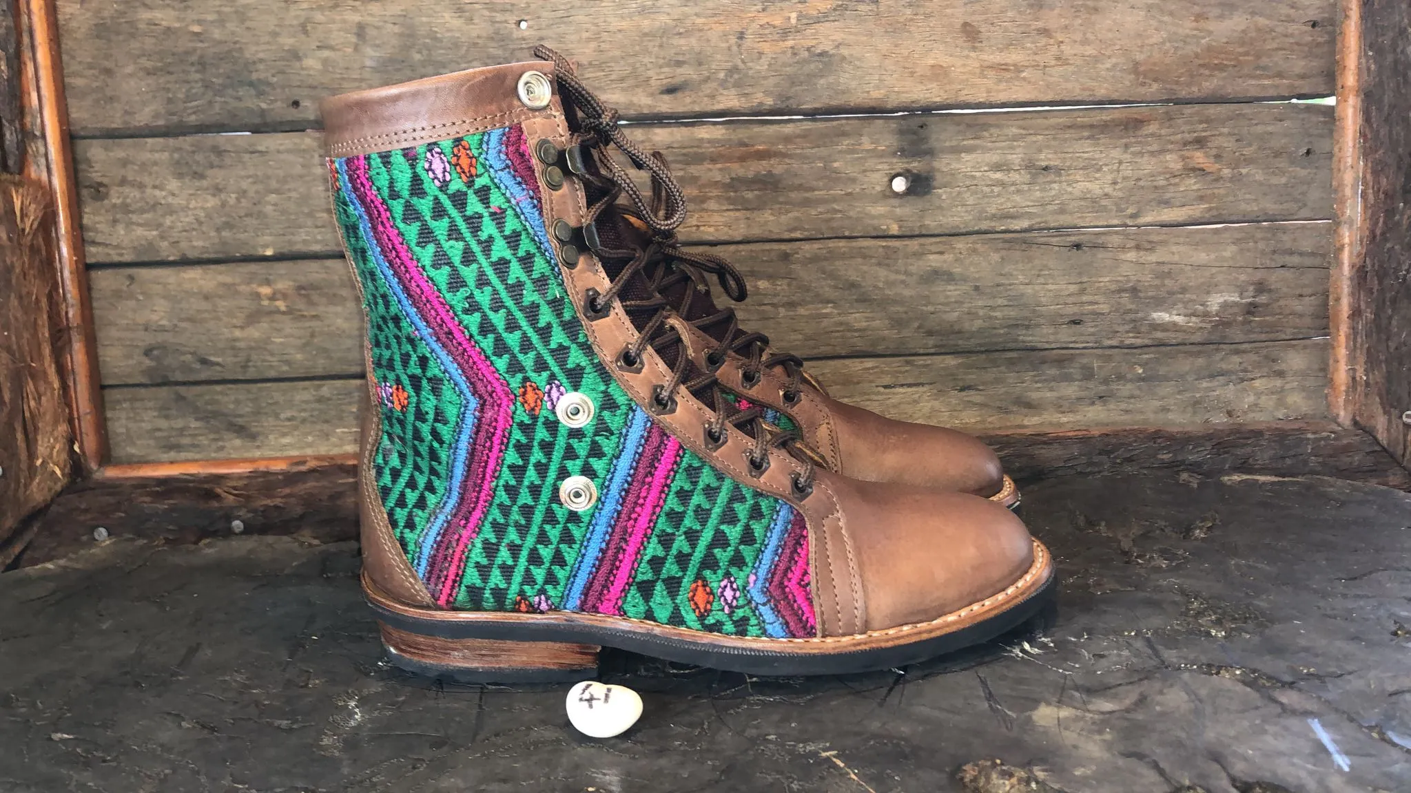 Size 41 Gypsy Boots - Pink Stripe on Green
