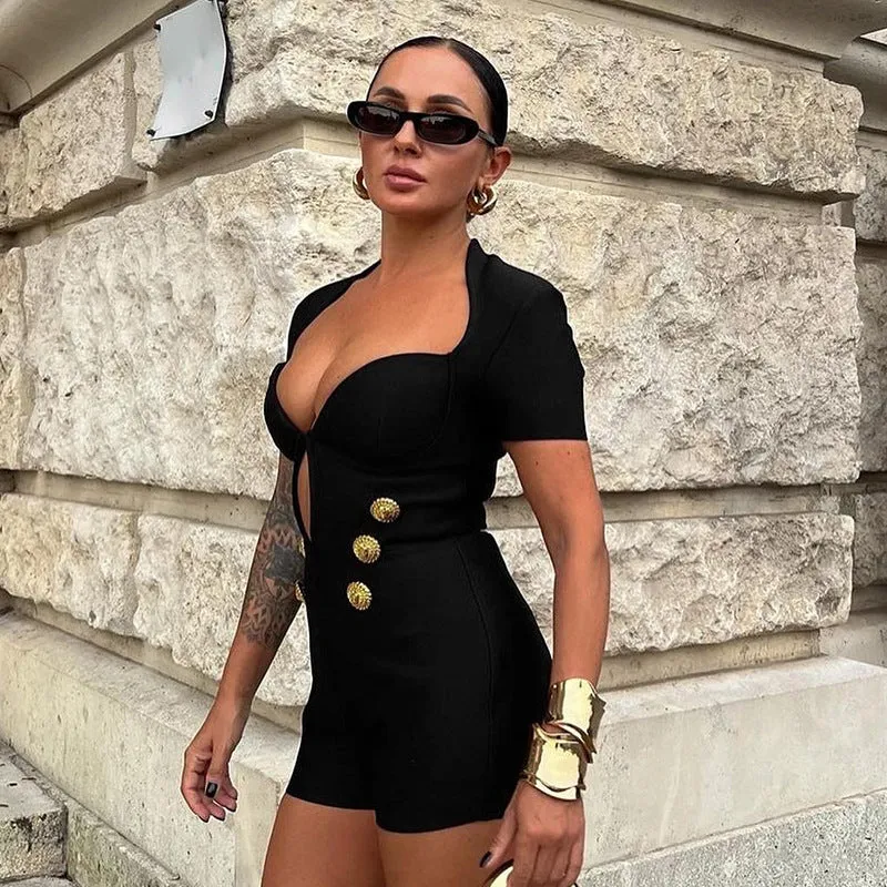 Sleek Black V-Neck Short-Sleeve Jumpsuit for Nightclub Elegance