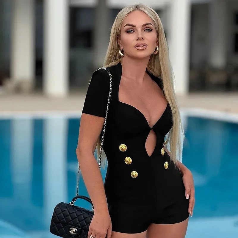 Sleek Black V-Neck Short-Sleeve Jumpsuit for Nightclub Elegance