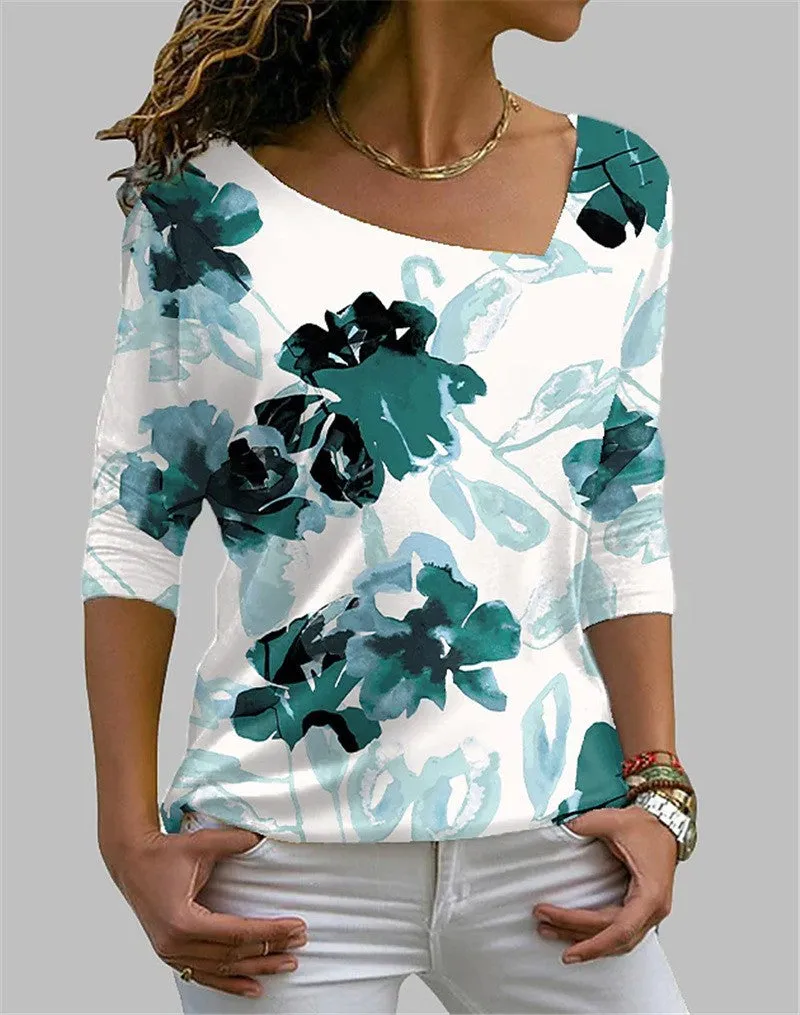 Square Neck Long Sleeve Flower Print T-Shirt