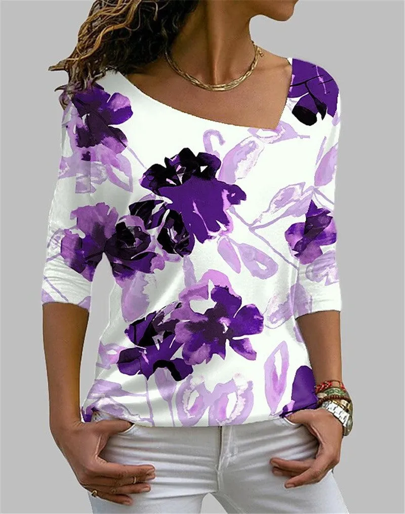 Square Neck Long Sleeve Flower Print T-Shirt