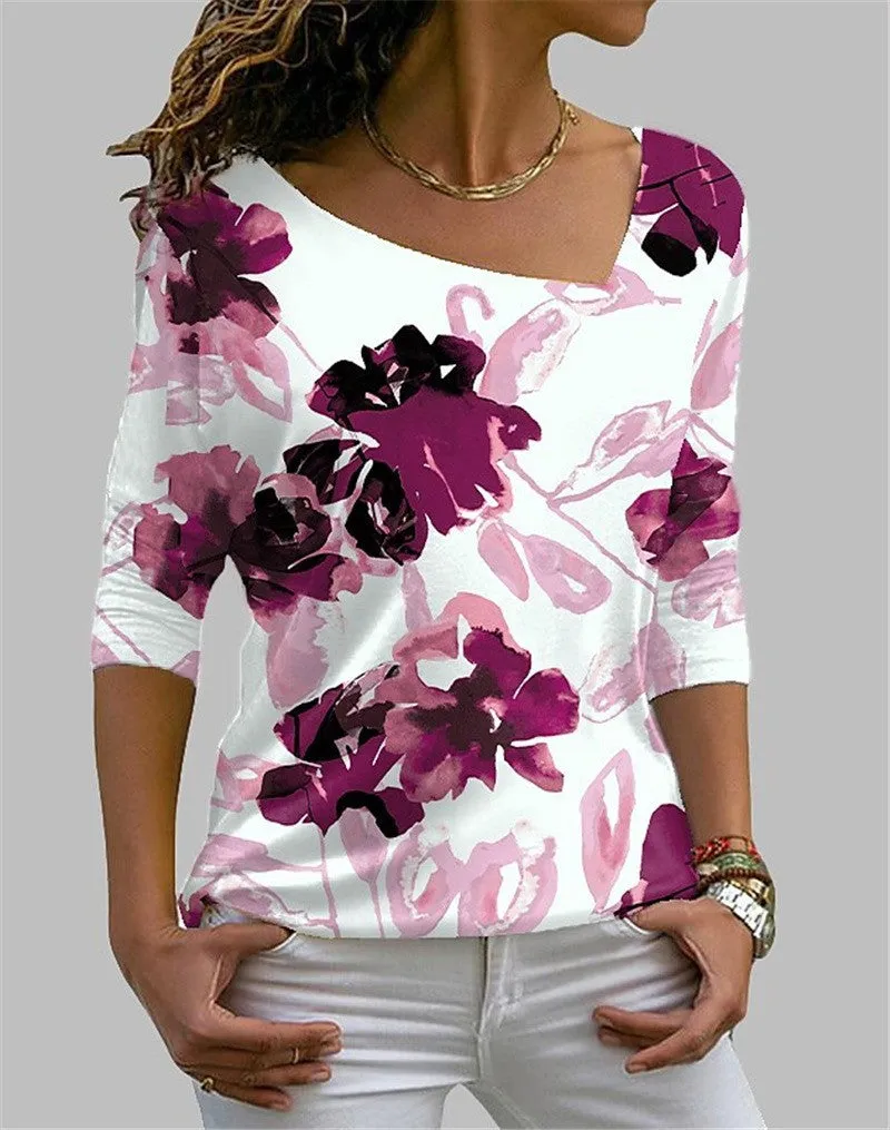 Square Neck Long Sleeve Flower Print T-Shirt