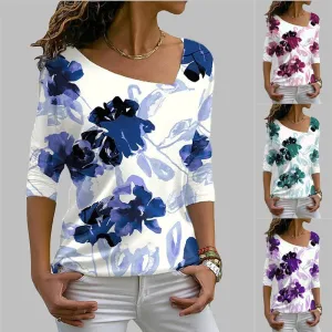 Square Neck Long Sleeve Flower Print T-Shirt